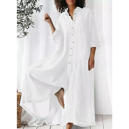Elegante mono de mujer de lino con botones manga larga pierna ancha pantalones palazzo de playa - Imagen 15 de 52