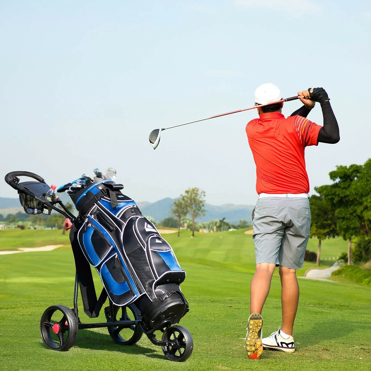 New Foldable 3 Wheel Golf Pull Push Cart Trolley Scorecard Drink