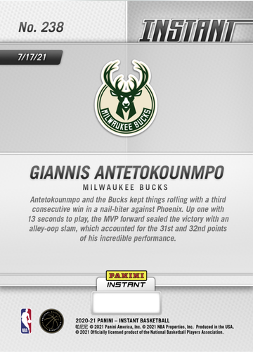 GIANNIS ANTETOKOUNMPO 2021 NBA PLAYOFFS FINALS vs SUNS PANINI INSTANT CARD #238 - Picture 2 of 2