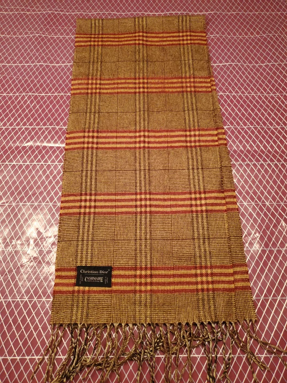 Foulard vintage Japon Christian Dior Monsieur plaid super doux marron acrylique frangé 