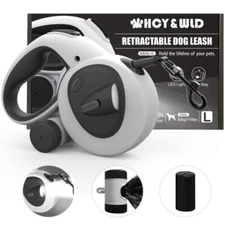 Dog Retractable Leash w/ Flashlight & Poop Waste Bag Dispenser, Anti Slip Handle