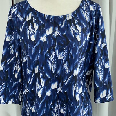 Only Blue Behavior Womens Top 40 US 8 Blue Feather Leaf Print 3/4 Sleeve Office