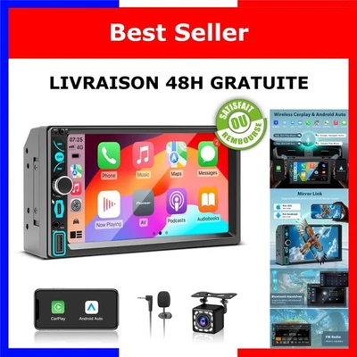 Autoradio 2 DIN CarPlay Android Auto sans fil écran tactile 7 pouces - Photo 1/4