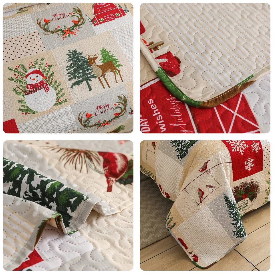 Christmas Quilt Set King Size 3-Piece Xmas Bedspread Reversible Coverlet Snow... - Image 4 of 4