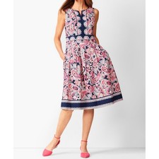 Talbots Pink Navy Paisley Cotton Fit & Flare Dress Sleeveless Pockets Size 4 EUC