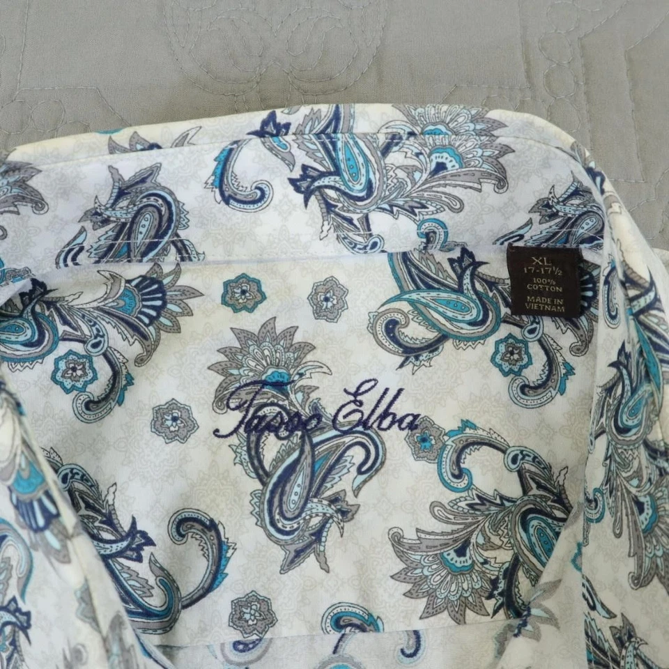 Camisa Tasso Elba Para Hombre XL Blanca Azul Paisley Botón Delantero Manga Larga Algodón Foto 3 de 4