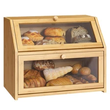 Farmhouse Bread Box for Kitchen Countertop Bread box Double Layer Bamboo Wood...