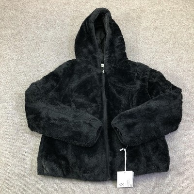 CeCe Jacket Womens Large Black Faux Fur Hooded Zip Lined Short Warm Cozy