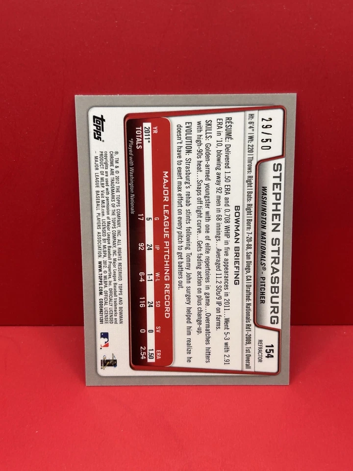 Bowman Chrome Baseball #154 2012 Stephen Strasburg refractor de oro 29/50 WS MVP Foto 2 de 2