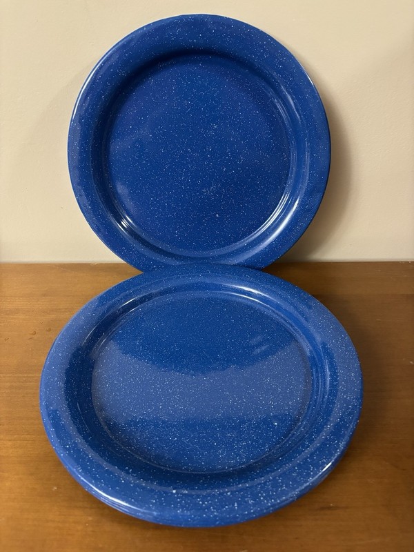 Metal Blue White Speckle Enamelware Dinner 10" Plates Rustic Camping Set 4