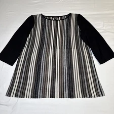 Ming Wang Contrast Pleated Neutral Stripe Knit Tunic Sweater Womens Medium EUC