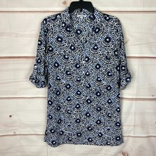Talbots Dress Women XS Blue White Shirt Tab Sleeve 1/2 Button Pullover Geometric