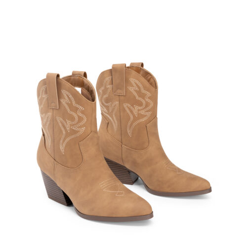 Women Cowboy Cowgirl Boots Western Boots Low Chunky Heel Pointed Toe Booties - Picture 19 of 32