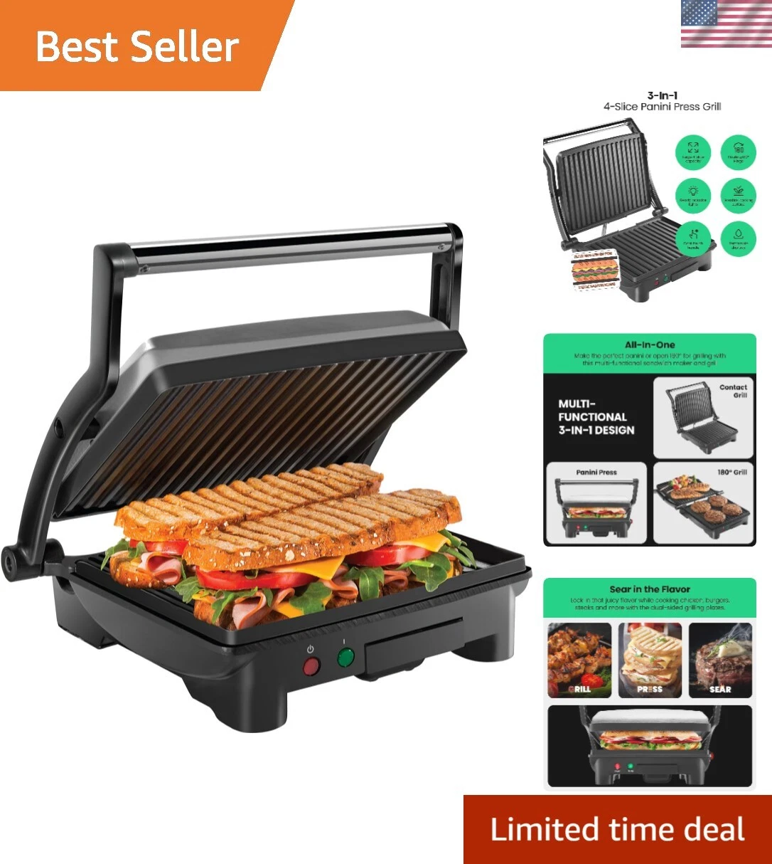 and Gourmet Sandwich Maker Non-Stick Coated Plates, Opens 180 Degrees to Fit ...