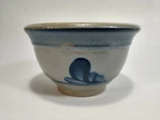 Vintage Primitive Rowe Pottery Works Colbalt Blue & Grey Floral Miniature Bowl 