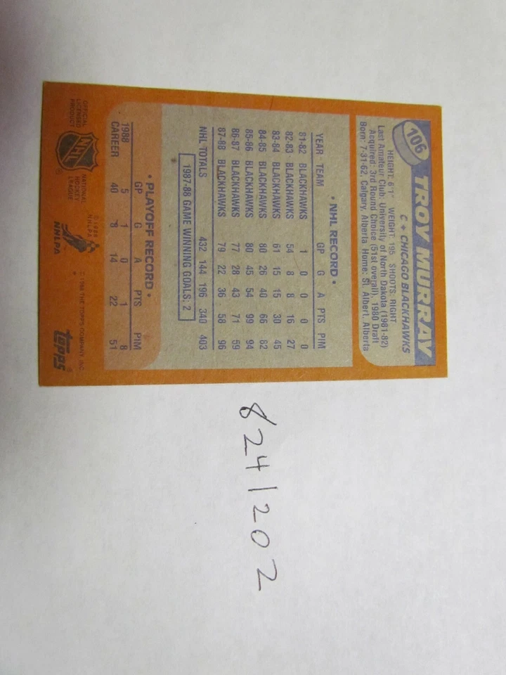 1988 1989 Topps Troy Murray signed NHL Hockey Card  - Image 2 of 2
