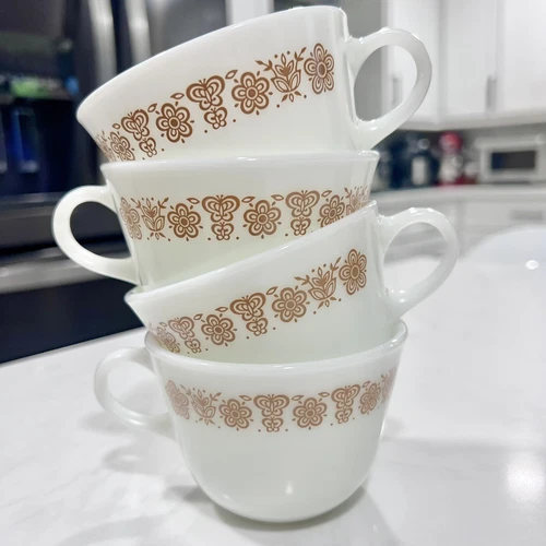 Vintage Pyrex Coffee Cups Corning Milk Glass Butterfly Gold Pattern Set of 4