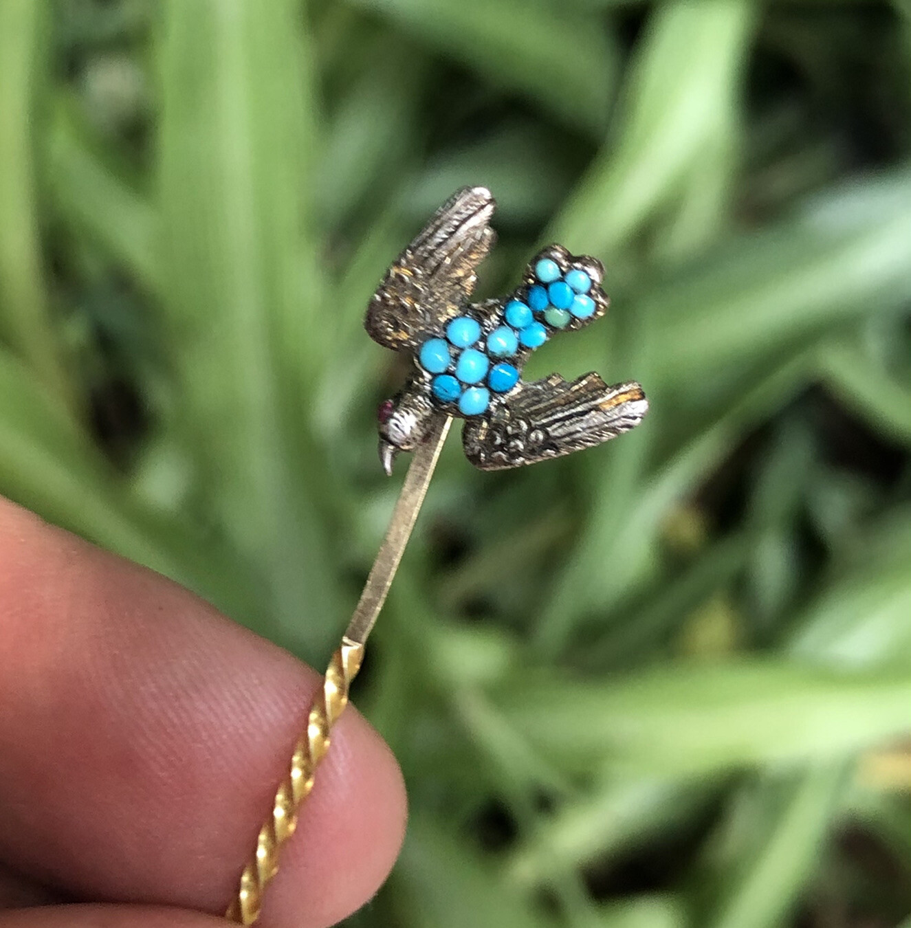 ANTIQUE 9k ct gold clustered turquoise garne… Gem