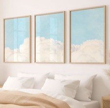 Sky Blue Cloud Bedroom Art SET of 3 Canvas / Prints / Framed, Above Bed Wall Art