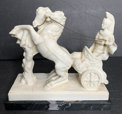 VTG Alabaster Statue of Warrior Achilles in Chariot Marble base By Artist Jim