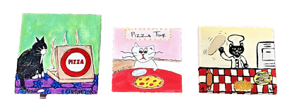 Cats Pizza's Time Cat Pizza Maker 2 Paintings on Wood Blocks 1 on Paper OOAK