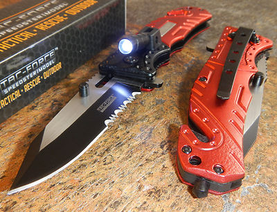 TAC FORCE Fire Fighter Red Spring Assisted Serrated Pocket Knife with LED NEW!!