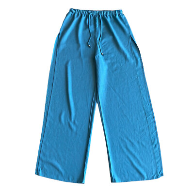 Lulus Linen Wide Leg Pants M Blue Side Slit Boho Hippie Beach