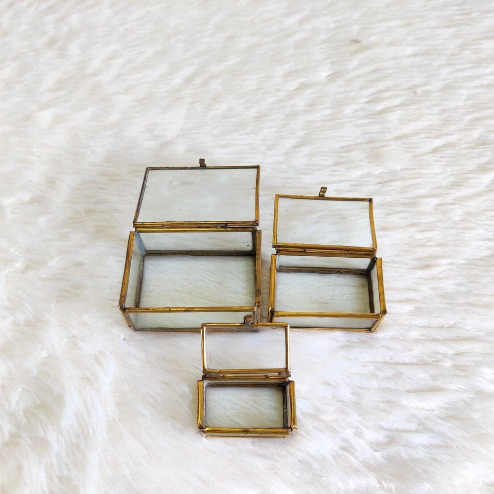 Antique Rectangulaire Laiton Verre Bijoux Boîte Bague Old Collection 3 Pcs GL244 - Photo 2/4