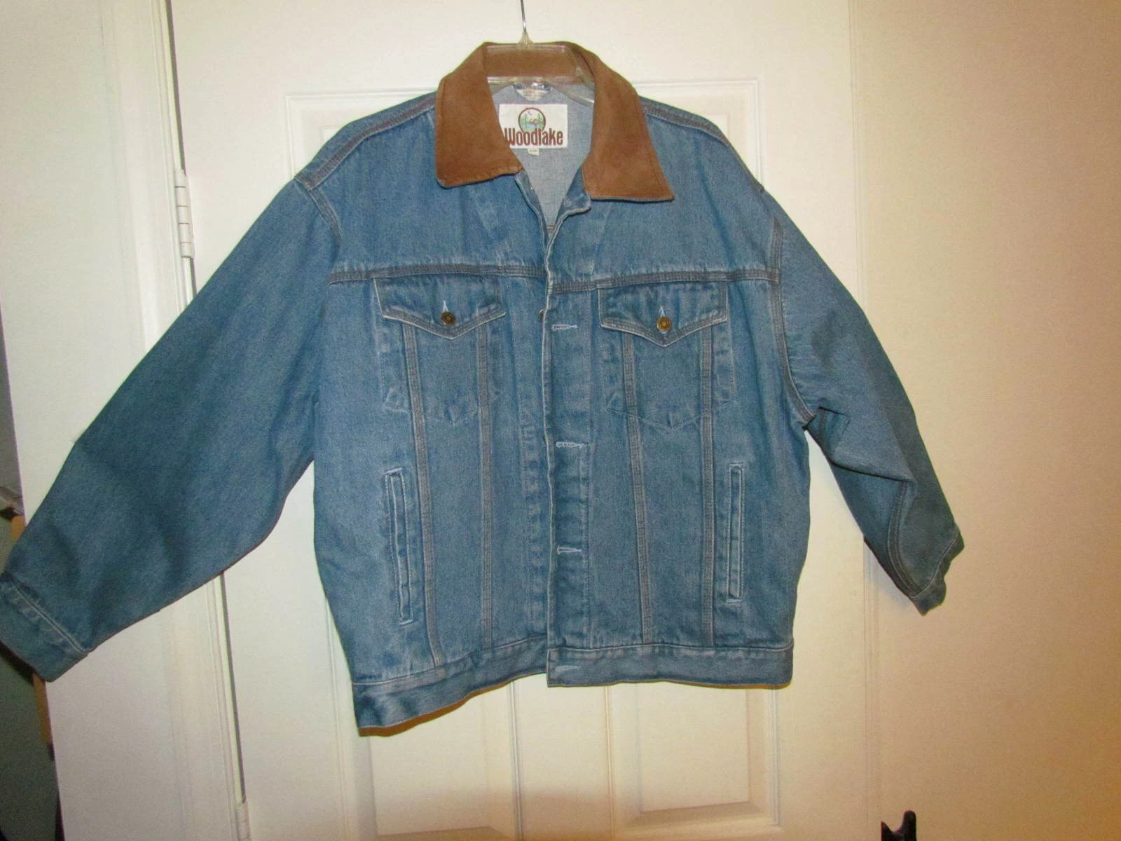 VINTAGE Woodlake Denim Jacket adult (L) with "ROCK & ROLL" embroidery on rear