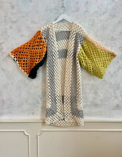 Hand Knitted White Multi Long Crochet Wool Patchwork Kimono Cardigan 10/12 - Picture 5 of 9