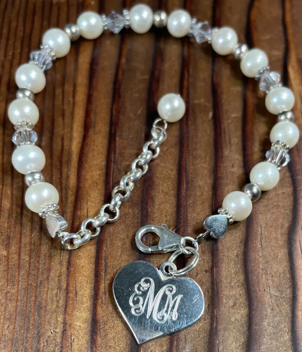 Crystal, pearl 925 Sterling silver beaded bracelet heart initial  charm EM