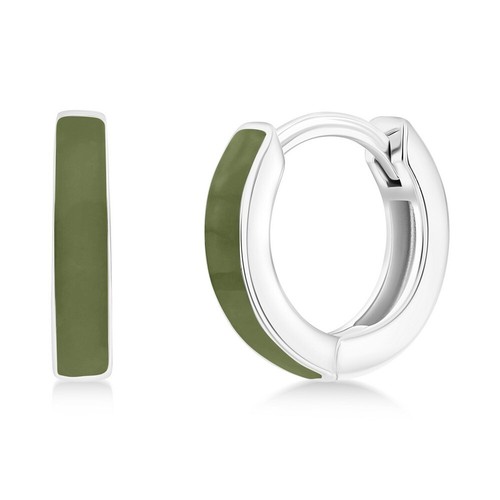 Sterling Silver Rhodium Plated 11mm Sage Green Enamel Huggies / Hoop Earrings - 第 1/2 張圖片