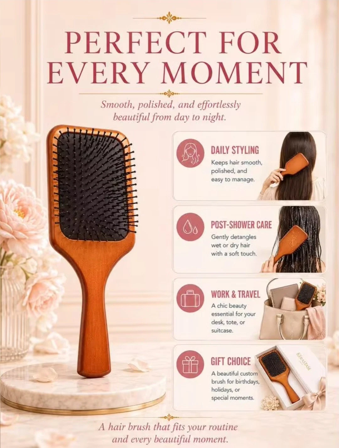 Brown wooden paddle brush with black bristles on marble surface, labeled �Perfect for Every Moment� and product image.