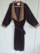 Vtg Black Velour Long Leopard Trim Robe L/S Small Cinema Etoile 80s Dynasty Vibe