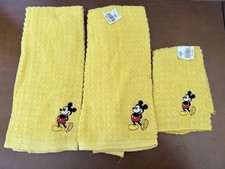 NOS Walt Disney Mickey Mouse Yellow Hand Tea Towels Textured Embroidered Set 3