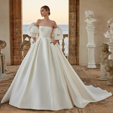Elegant Satin Wedding Dress Strapless Ruffle Sleeves A-Line Pleated Bride Prom