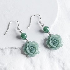 Natural Jade Rose Flower Gemstone Drop Earrings 925 Sterling Silver 1.4 Inch