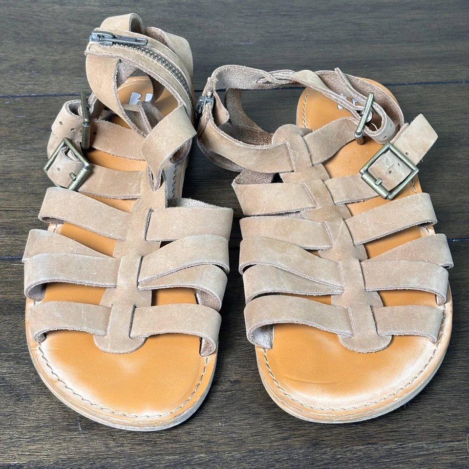 Sandalias BP Britt Mujer 9M Gladiador Tirantes Pescador Cuero Marrón Cremallera Planas Foto 2 de 4