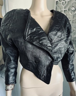 Vintage Retro LEATHER CROP JACKET Asymmetrical 90 s Shoulder Pad Sleeve sz XS
