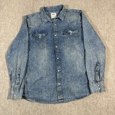 Levis Pearl Snap Shirt Men Large Blue Denim Slim Western Long Sleeve Light Wash