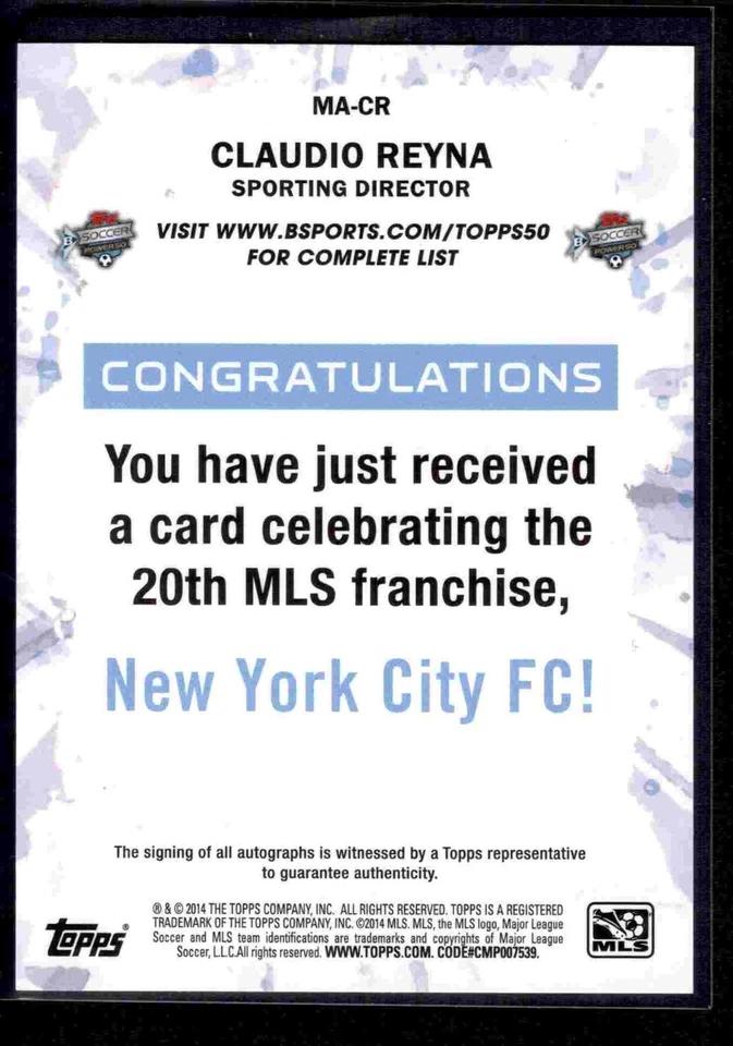2014 Topps MLS Maestros Autograph Claudio Reyna New York City FC - Image 2 of 2