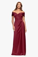 XSCAPE Petite 2P "Daliah" Satin Off the Shoulder Floor Length Gown Wine Prom 