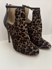 Jimmy Choo Leopard Print Pony Hair Zip-Up Shoe Boot w/ Black Leather Heel 38