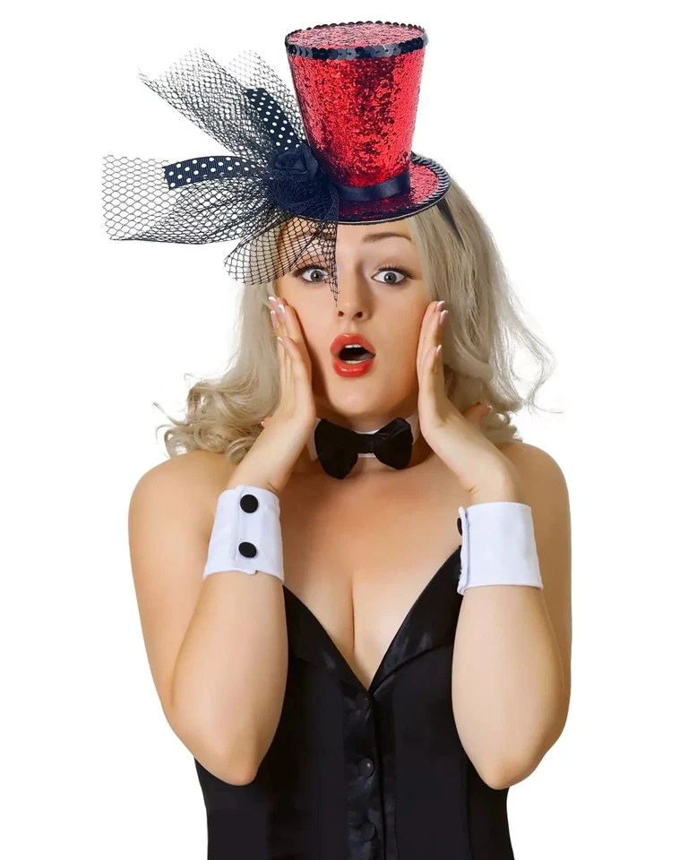 Mini sombrero de copa en diadema lentejuelas rojas con velo Foto 3 de 4