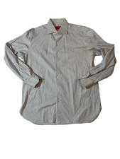 Isaia Napoli Striped Cotton Dress Shirt Italy 17 43 Gray White Luxury Mens