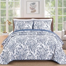 Quilt King Size, Blue Quilt Bedding Set with 2 Pillowcases, Botanical Quilt f...
