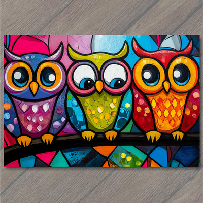 POSTCARD Three Owls Bright Red Green Blue Abstract Eyes Tree Branch Colorful Fun