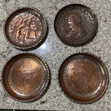 Lot Of 4 Small Antique/ Vintage Persian Engraved Copper Plates,  Portraits, 5”.