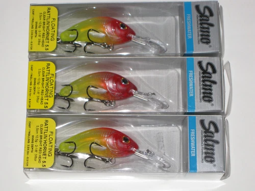 3 Salmo Rattlin Hornet 5.5 Red Head Chartreuse Rare Crankbait  Fishing Lure NIP
