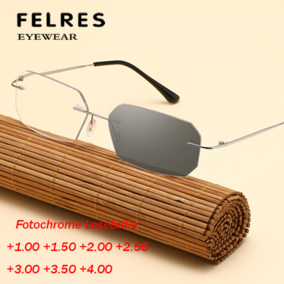 Herren Titanlegierung Randlos Photochromatisch Lesebrille Sonnenbrille +1.0-+4.0